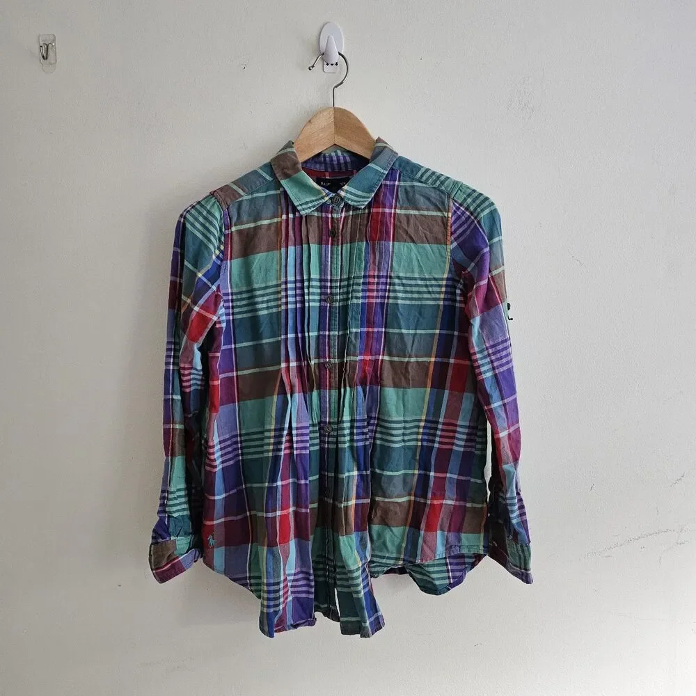Ralph Lauren Plaid Pintuck Button Up Shirt Multicolor Madras Roll Tab Girls 14